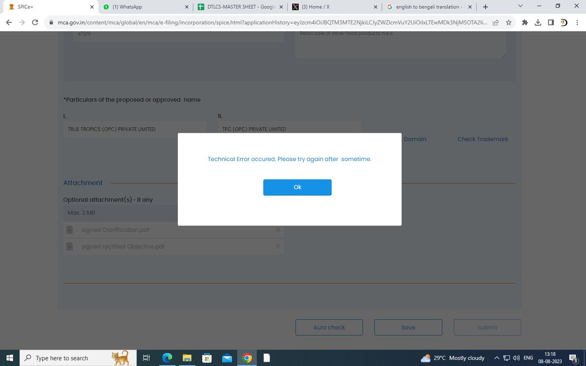 tax_dey's tweet photo. Resubmission received for name Reservation  on dated 02.08.23 vide SRN No-AA3711669 at the time of resubmit technical error occurring science last 4 days.
Who will take responsible for that ?
Who will pay Extra money of Govt Fees?
@MCA21India
@HelpdeskMCA21V3
@nsitharaman https://t.co/SzapcVWtXU