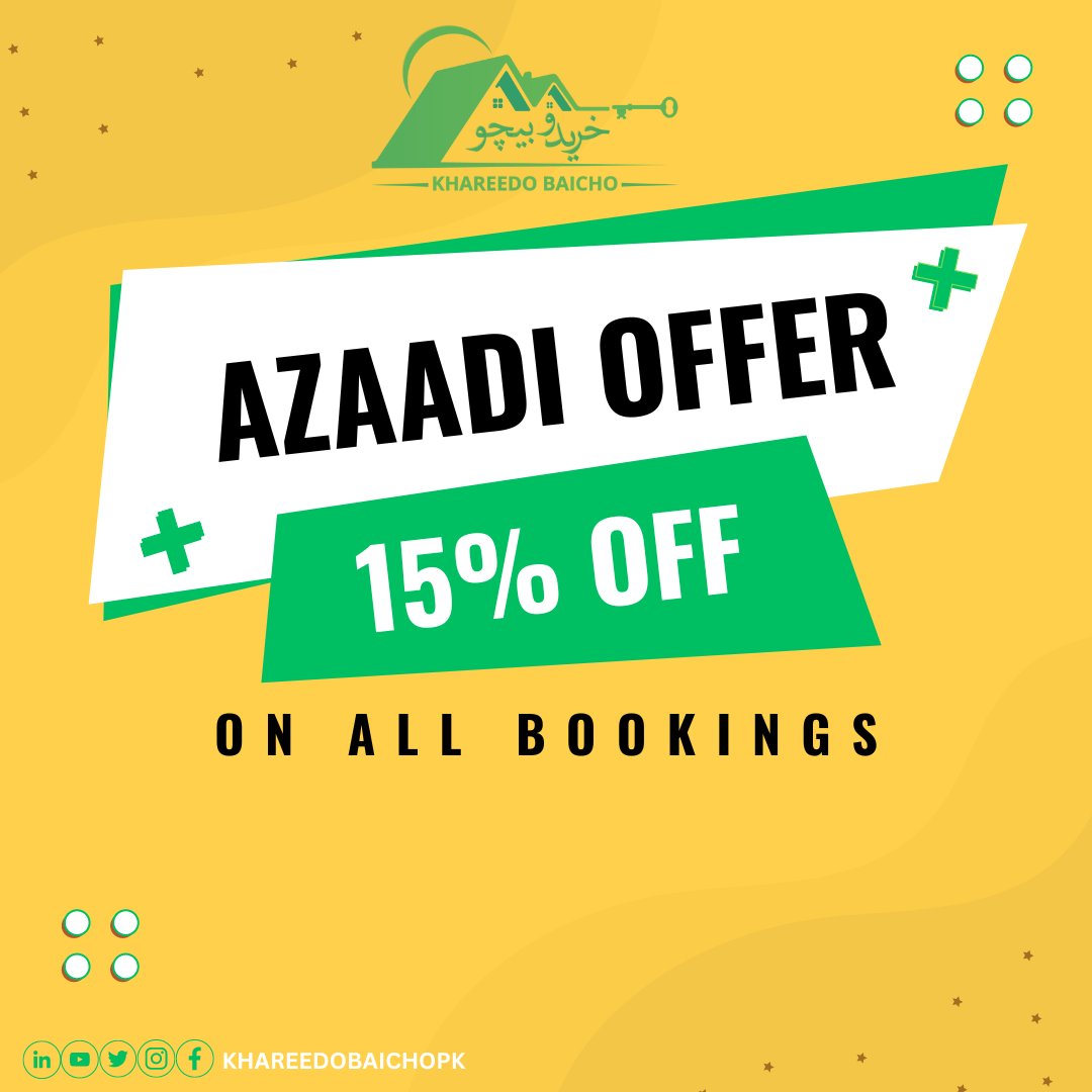 Celebrate Azaadi Offer with a Bang! 🇵🇰 Enjoy 15% Off on ALL Bookings!  Don't Miss Out, Book Now! 💥 
#AzaadiOfferSpecial #KhareedoBaicho #LimitedTimeOffer'