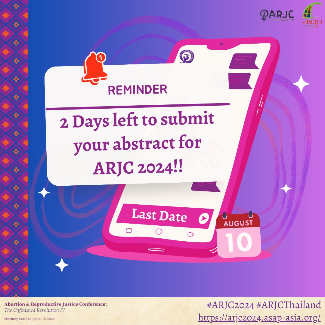 asapasia's tweet photo. #ARJC2024
Here's your daily reminder to not miss out on this opportunity to share your work with a global network of safe abortion & SRHR advocates & submit your abstracts for #ARJC2024 asap!
🔗- https://t.co/jtE5daUlin
#ARJCThailand #ARJC4 #AbortionIsHealthCare #tuesdayvibe https://t.co/bKCiibHKb3