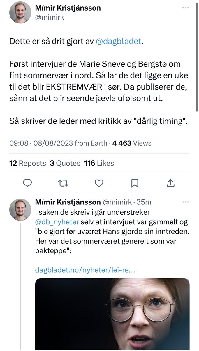 forsberg's tweet photo. Det er så sjukt stygt av Dagbladet, og jeg er selvsagt ekstra forbanna fordi jeg gikk på limpinnen selv. 

Men på ett punkt er jeg uenig med @mimirk. Det store problemet her er at Dagbladet skaper et falskt inntrykk av to partiledere som kødder med ekstremvær… rett før valget. https://t.co/I2ruC9XgnF