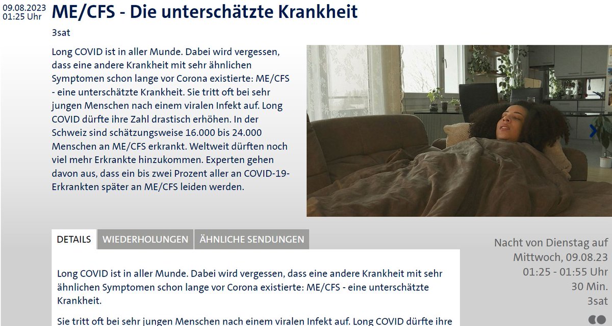 Heute Nacht um 1.25 Uhr berichtet 3sat zum #SevereMEDay über #MECFS. 

Herzlichen Dank dafür.

Wir brauchen umfassende Aufklärung zur Krankheit auf allen Kanälen #JETZT.