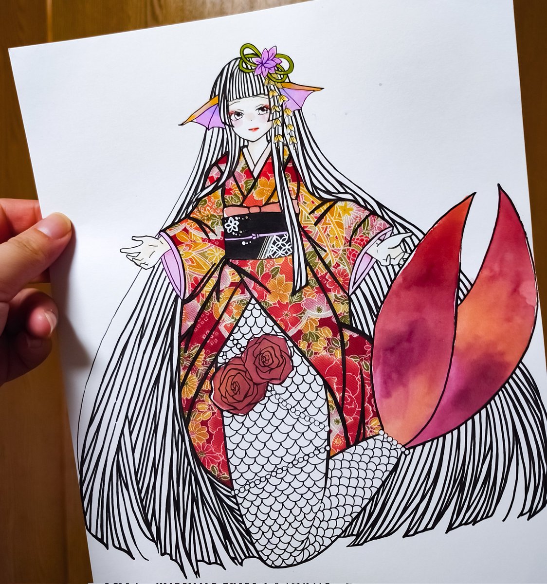 1girl mermaid monster girl japanese clothes kimono long hair solo  illustration images