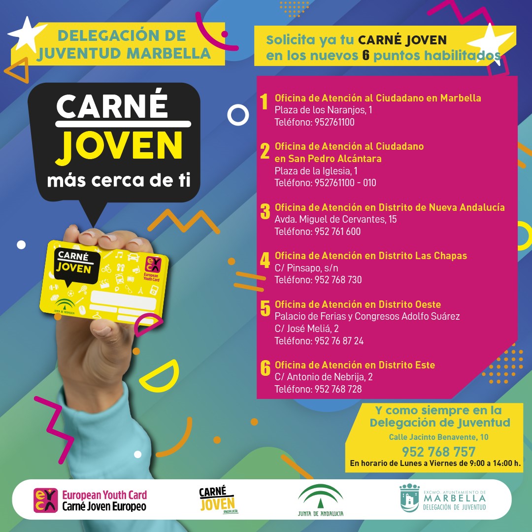 🔊Te #recordamos que el Ayuntamiento ha habilitado a través de <a href="/marbellajoven/">Marbella Juventud</a> seis nuevos puntos en el término municipal para acercar y facilitar la solicitud del Carné Joven a la población con edades comprendidas entre 14 y 30 años👉goo.su/0SLK448

#Marbella