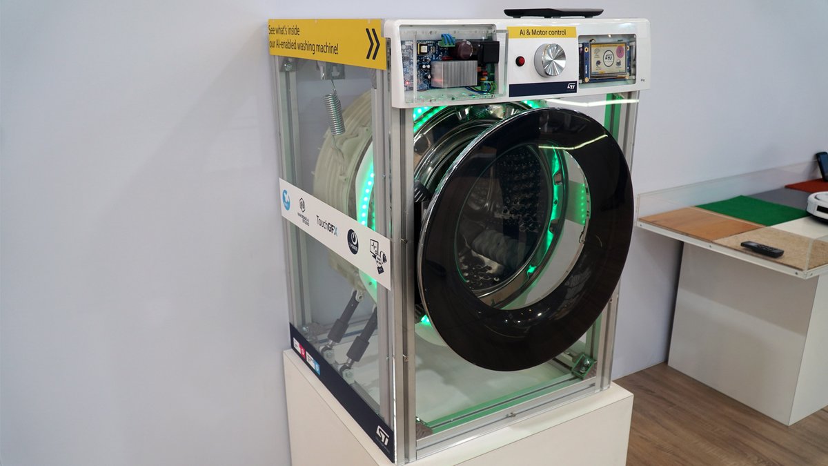 ST_France_News's tweet image. [Série d’été #2] Lors d’Embedded World 2023, nous avons eu le plaisir de partager avec vous nos toutes dernières avancées en termes de produits et solutions. Parmi eux, notre machine à laver alimentée par #NanoedgeAI. Économie d&apos;eau et sélection précise du cycle de lavage.