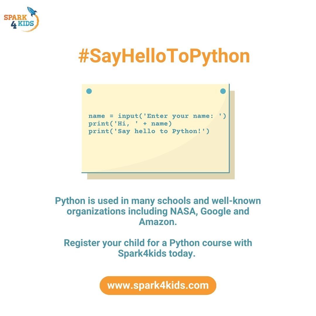Spark4Kids's tweet image. #Python is used in many schools and well-known organizations including NASA, Google and Amazon.

Register your child for a Python course with Spark4kids today at spark4kids.com

#PythonforKids #Spark4Kids #CodingSkills #CodingForKids #LearnToCode #KidsLearnCoding