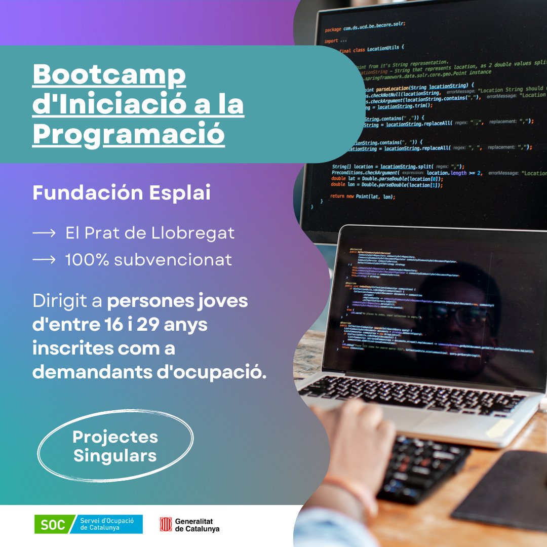 ocupaciocat's tweet photo. 👀 Joves, atenció! 

Us agradaria treballar com a programadors/es en un sector emergent? Aquest #ProjecteSingular de @fundacionesplai és per a vosaltres ⤵️

🖱️ Bootcamp d'Iniciació a la Programació
📍  El Prat de Llobregat
📞 661 148 379
💻 https://t.co/f8XOnxaLcH https://t.co/umEdtFBg7t