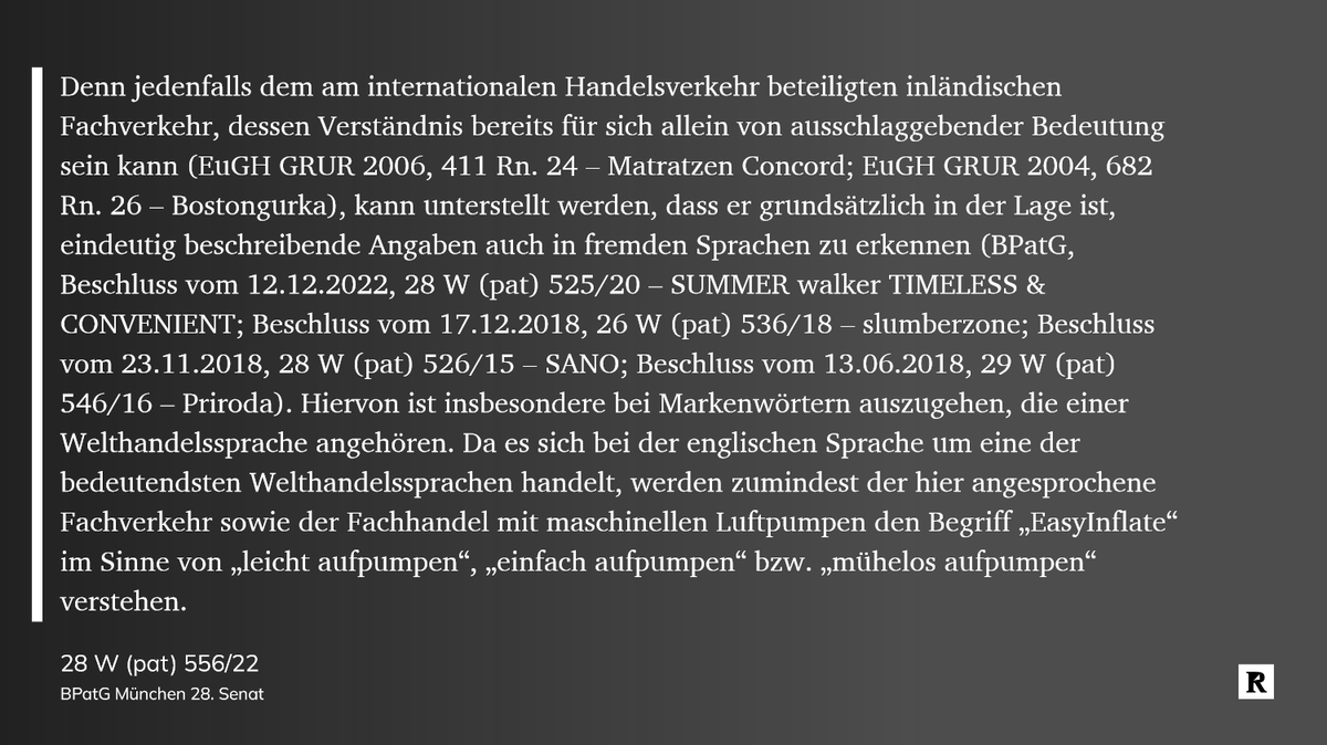 dr_ellenberg's tweet photo. #BPatG Versteht der internationale Fachverkehr ein fremdsprachiges Zeichen als eindeutig beschreibende Angabe, so ist bereits dies für die Schutzversagung wegen fehlender Unterscheidungskraft ausreichend. 
https://t.co/1jViZ9FA37 https://t.co/GLhEprPbEJ