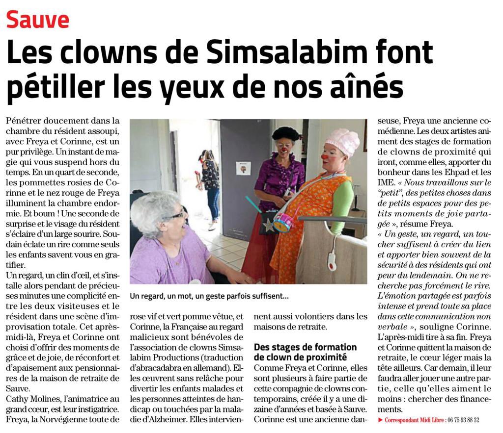 Our Healthcare clowns help create sparkle, laughter and genuine closeness in care homes. Article is from Le MIDI Libre. Corinne Faucon