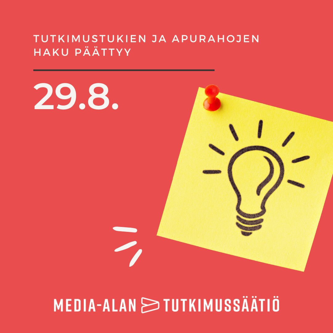 Seuraava apurahojen ja tutkimustukien hakuaika päättyy 29.8. klo 16. Lisätietoa hakemisesta osoitteessa mediaalantutkimussaatio.fi/tutkimustuki-a…

#apuraha #tutkimustuki