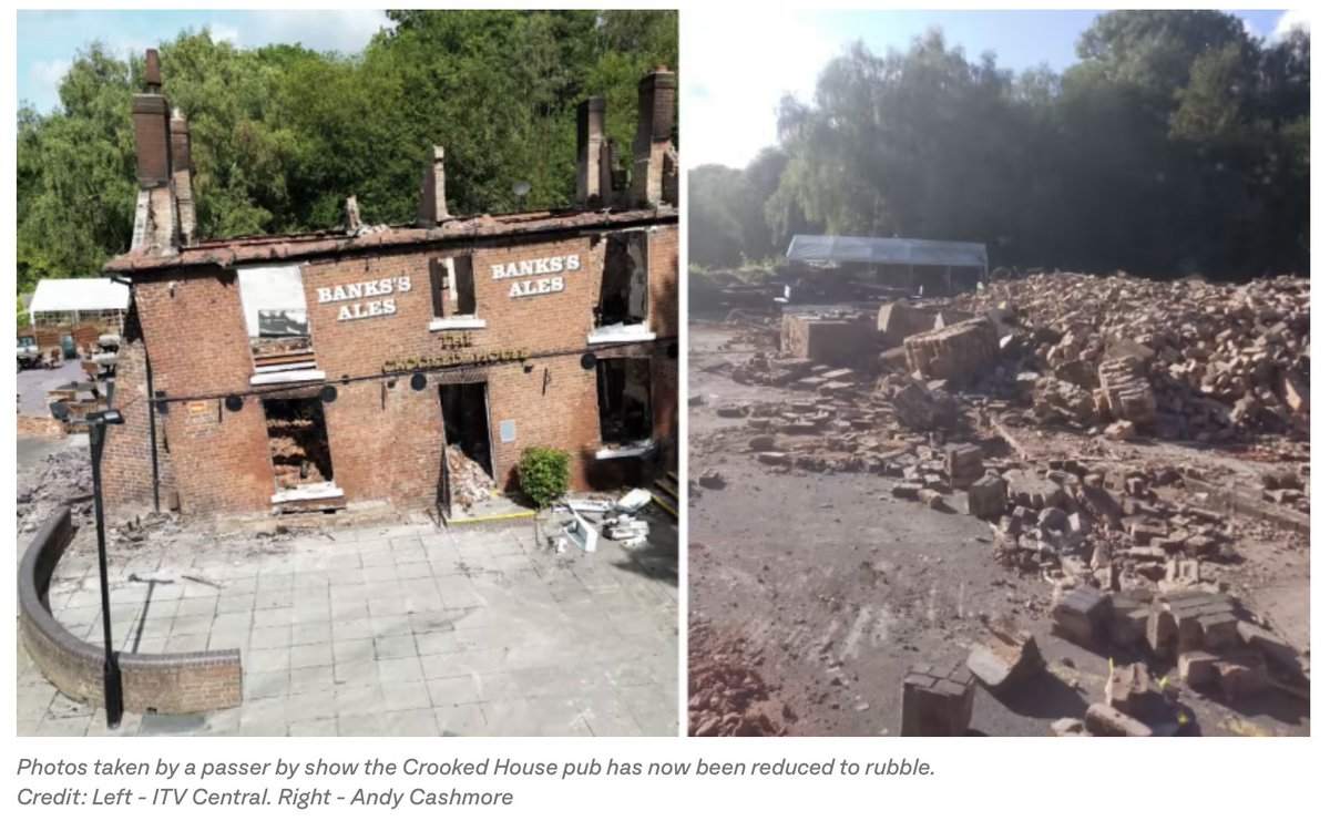 So two weeks after a developer bought Crooked House pub (which would be worth far more as building land) it catches fire. Two days later it is bulldozed before any chance to see if building can be saved. Was the JCB booked before the fire?