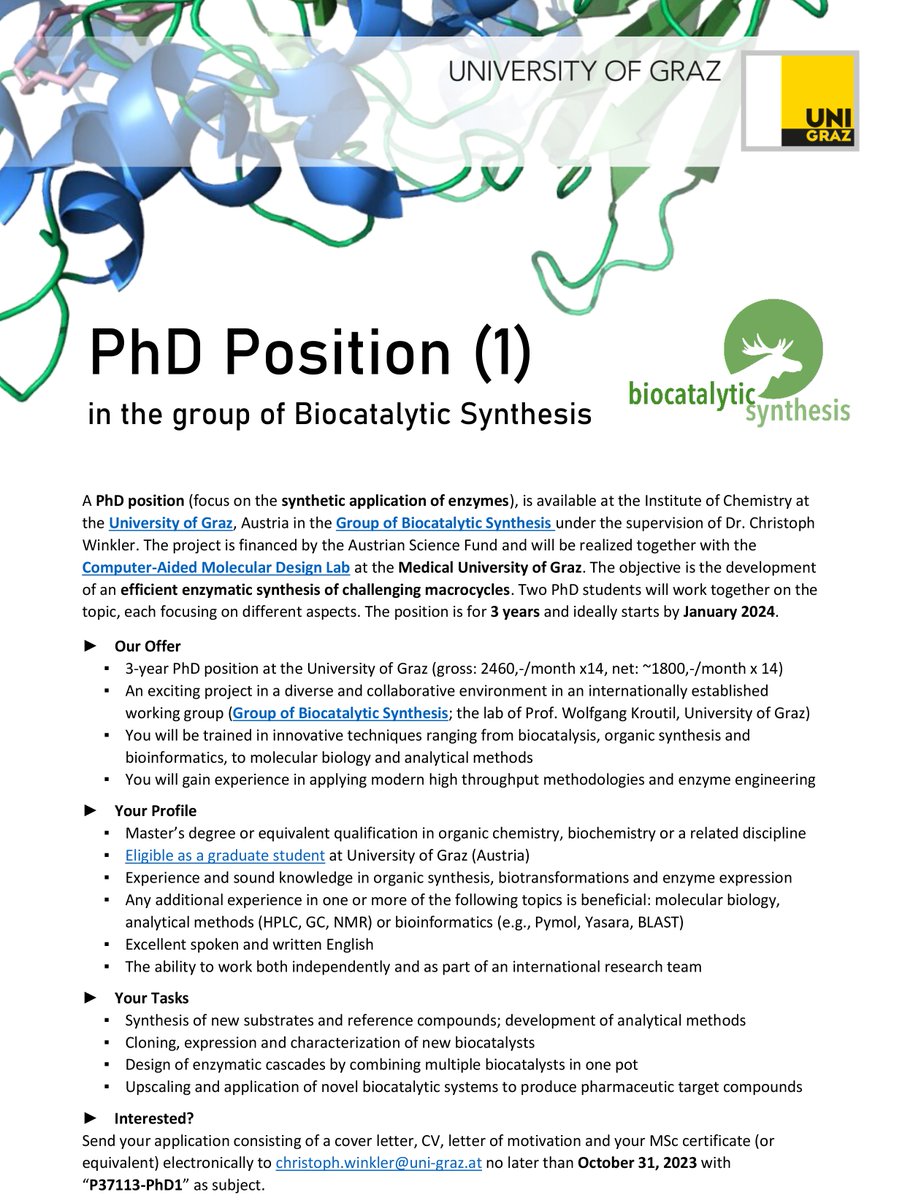 ck_winkler's tweet image. I am looking for two PhD students who are interested in using enzymes to make macrocycles. The project is a collaboration with @psanmur and a nice mix of #biocatalysis, #MolecularBiology, #synthesis and #ComputationalChemistry. Interrested? See here: biocatalysis.uni-graz.at/jobs/job%20off…