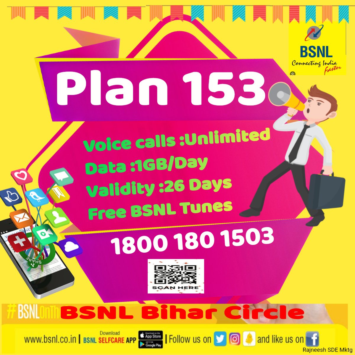 BSNL_BIHAR's tweet photo. #BSNL Recharge with #plan153 and get unlimited calling, 1GB/day data for 26 days. #RechargeNow with #BSNLSelfCareAppDownload the app now. Google Play: https://t.co/MyOCq5mdOD https://t.co/LsMlBazcOQ
