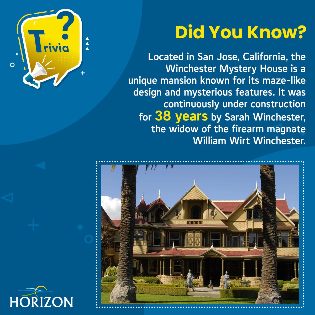 HorizonPromoter's tweet photo. Unveil the mystery and discover the enigmatic Winchester Mystery House in San Jose, California. A maze-like mansion that is continuously built for 38 years.

What secrets does it hold? Share your thoughts below!

Stay tuned for more fascinating facts which are #OnTheHorizon. https://t.co/eTsjc1RTn9