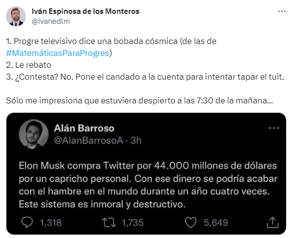 AlanBarrosoA's tweet photo. Buen momento para recordar esta interacción ridícula que tuve con el diputado Espinosa de los Monteros (luego me bloqueó). Tremendo personaje. https://t.co/ldyw3n68dW