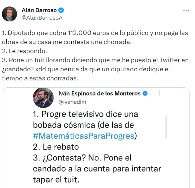 AlanBarrosoA's tweet photo. Buen momento para recordar esta interacción ridícula que tuve con el diputado Espinosa de los Monteros (luego me bloqueó). Tremendo personaje. https://t.co/ldyw3n68dW