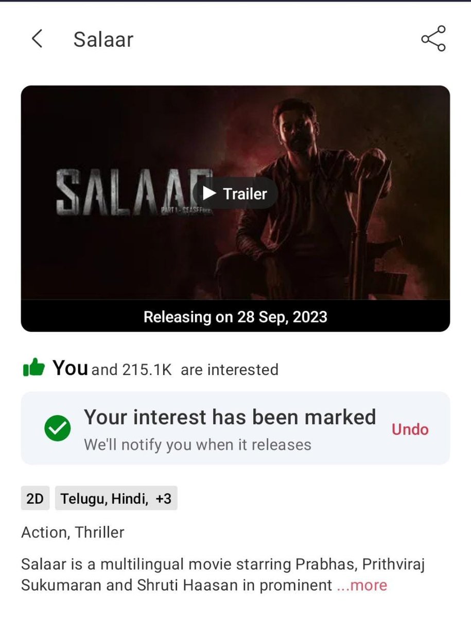 🔥 The excitement for #Salaar is soaring with an impressive 215K interests on #BookMyShow! 🎬🚀 The anticipation is real! 🎥
 #CountdownToRelease 

51 Days to go.....
