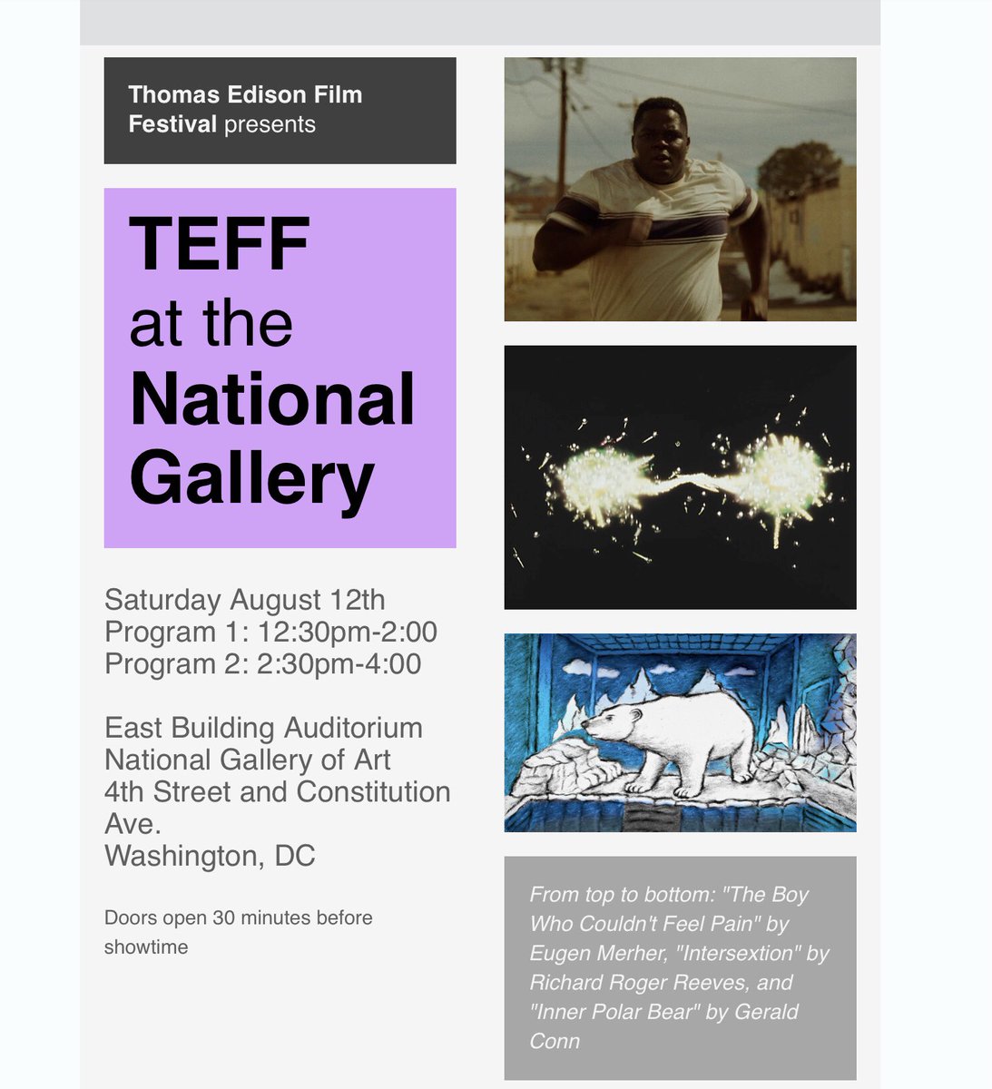 grittyfilms's tweet photo. Great to hear INNER POLAR BEAR screening as part of the Thomas Edison Film Festival program at the National Gallery of Art, Washington, DC on Saturday August 12th. @ThomasEdisonFF @ngadc @Maxine_Peake https://t.co/HA1Yych3kx