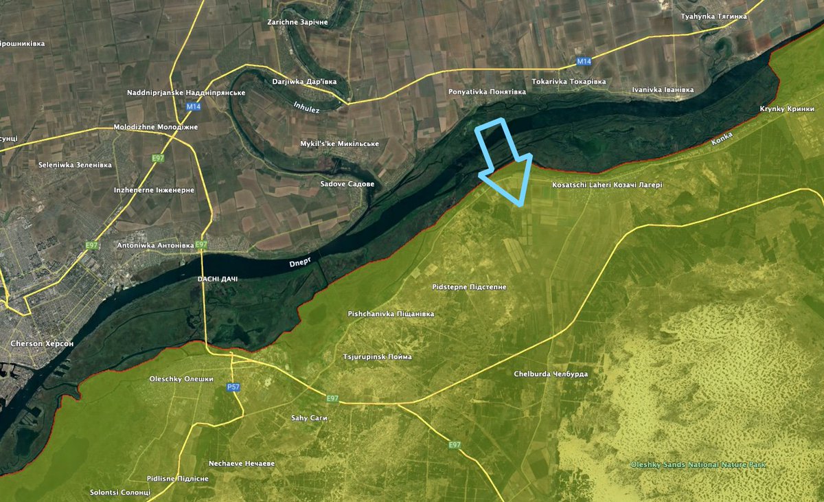 JulianRoepcke's tweet photo. Surprise! Ukr special forces landed on the left bank of the Dnipro, W of Kozachi Lageri.
I was informed on the planned raid 2 days ago, but for obvious reasons couldn't talk. So far, it seems to be a probing attack, done w/speed boats. But Russians got a taste of what will come. https://t.co/fRME1dn6Jn