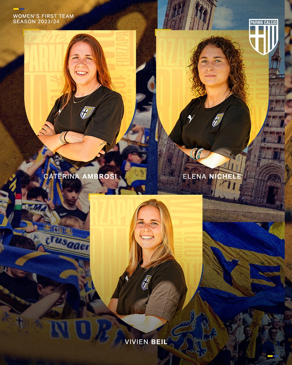 1913parmacalcio's tweet photo. 𝙒𝙚𝙡𝙘𝙤𝙢𝙚 𝙩𝙤 𝙤𝙪𝙧 𝙣𝙚𝙬 𝙥𝙡𝙖𝙮𝙚𝙧𝙨

Vivien Beil, Caterina Ambrosi e Elena Nichele si vestono di Gialloblù 💛💙⚽ https://t.co/Id2m3qMDSP