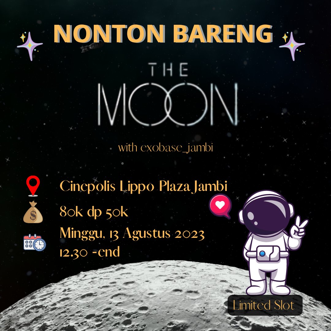 fullsnh's tweet photo. Hallo EXO-L and DANDANIES JAMBI 👋🏻

jangan lupa join Nonton bareng film THE MOON bareng exobase_jambi

Buat kalian yang mau ikutan buruan kunjungi akun base-nya ya
Slot nya sisa 2tiket lagi 
See u in cinemas Dandanies 👋🏻

#exoljbi https://t.co/gprWkTHVxr