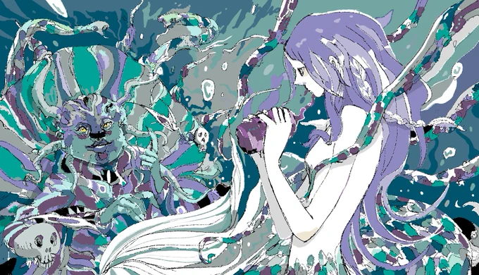 エクスナレッジ刊行「ファンタジー配色アイデア事典」の為に描かれた全90点の絵を公開していってます。更新は週一程度になります三十八枚目は人魚姫から「声と引き換えに」です #エクスナレッジ #ファンタジー配色アイデア事典