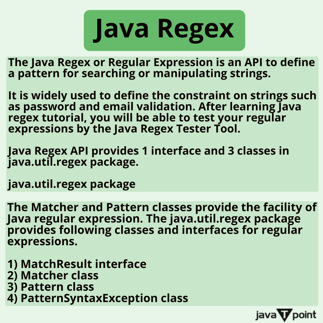 Bhavana83491661's tweet photo. Java Regex
.
.
.
.
for more information
https://t.co/HO4mFRh7tQ
check the above link
.
.
.
#javastring #javaregex #accessmodifier #abstractclass #interface #finalkeyword #InstanceInitializerBlock #inheritance #methodoverloading #methodoverriding #computersciencemajor #javatpoint https://t.co/m9KGfT2Zsq