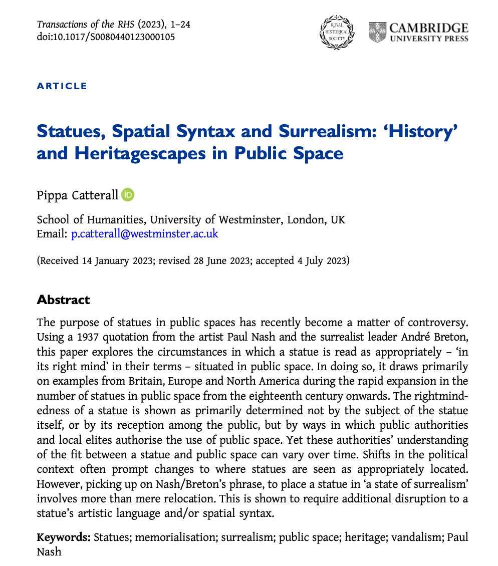 RoyalHistSoc's tweet photo. Statues gain authority, or provoke controversy, on account of location as well as subject and form. 

In her new article, Pippa Catterall explores the historical contexts of statues and spatial syntax for 'Transactions @RoyalHistSoc' https://t.co/0WwdDg9UWD

#twitterstorians https://t.co/LwpWdqThcg