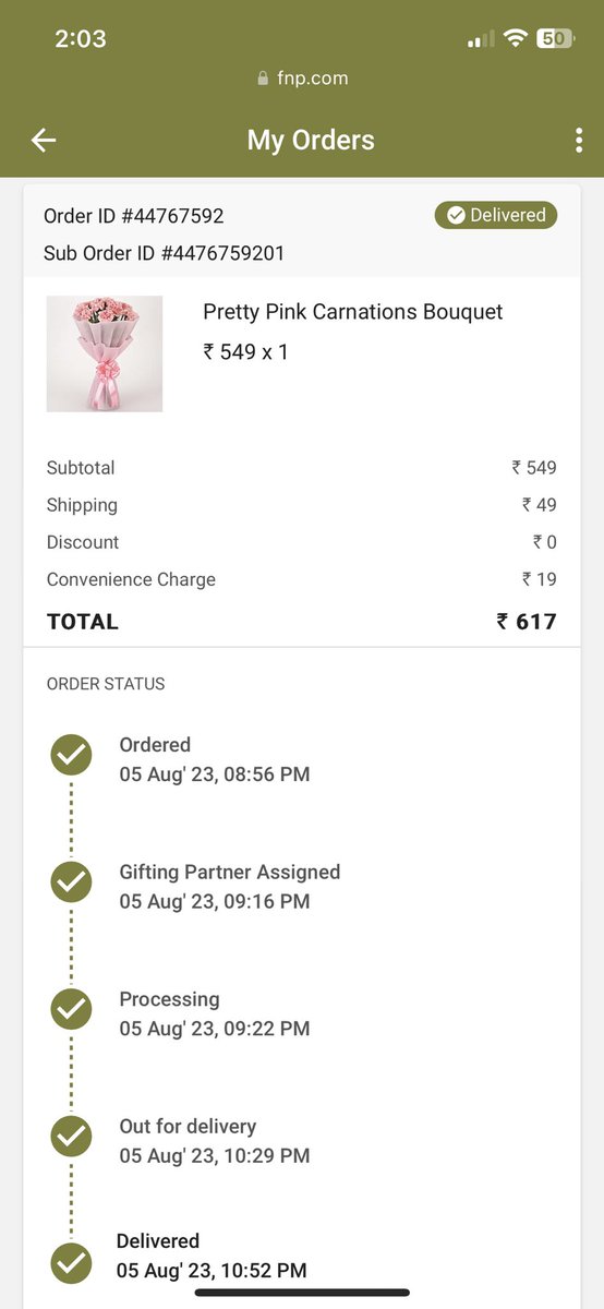 Himalay_Rathi's tweet photo. I had ordered flowers for my wife as it was our anniversary but @fnp_ind delivered damaged product. The note received was torn and in damaged conditions  and  instead of card it was just a piece of paper with message printed on it. Extremely disappointed with ferns n petal 1/n https://t.co/TTRZWZFGcc