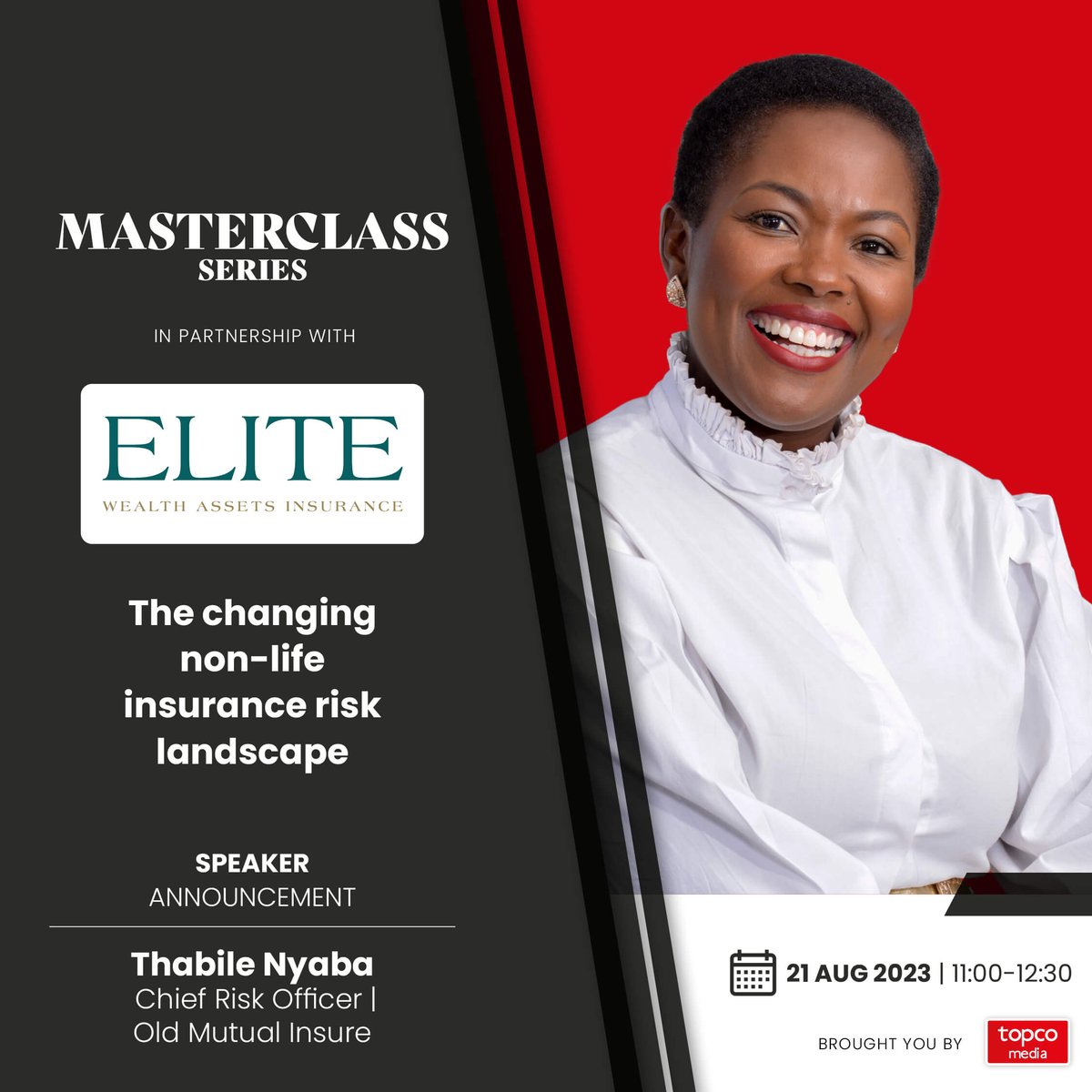 Topco_Media's tweet photo. Why do insurance premiums increase? 💰

Meet the speakers that will be hosting our upcoming #masterclass:
Tarina Vlok - @elite_risk
Thabile Nyaba - @OldMutualInsure
Ronald Richman - Old Mutual Insure

✏️ Register here: https://t.co/oNOR6XmWqq

#TopcoMedia #EliteRisk https://t.co/xt6x2FqSTa