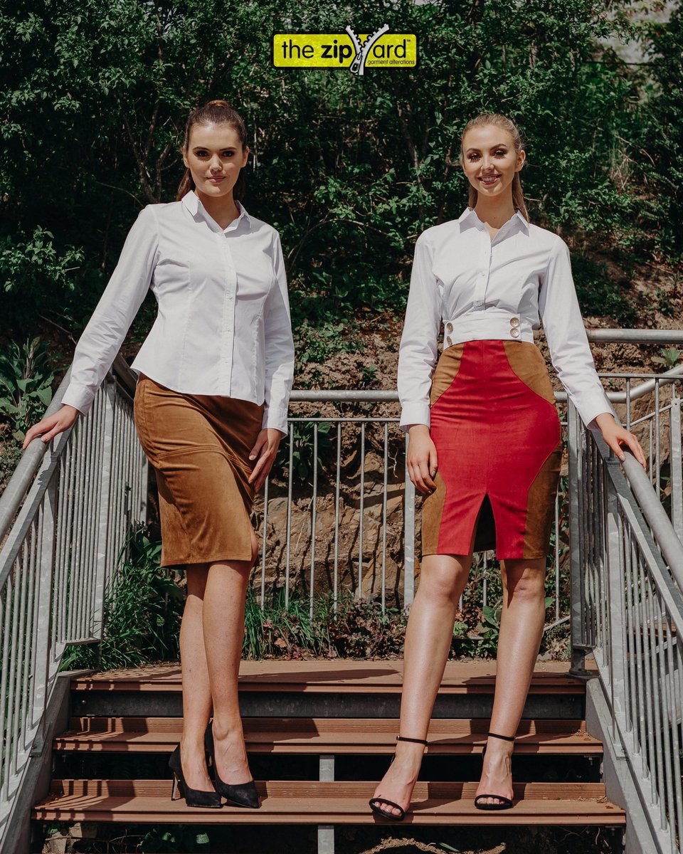TheZipYard_IRL's tweet photo. 🔄 Tuesday Transformation! 🔄

✂�� Plain brown skirt transformed by adding a contrast illusion on the front, creating a beautiful silhouette 

✂️ White shirt shortened &amp; gold button detailing added on the band 
 
#thezipyard #alterations #restyle #upstyle https://t.co/AxAQXERzqe