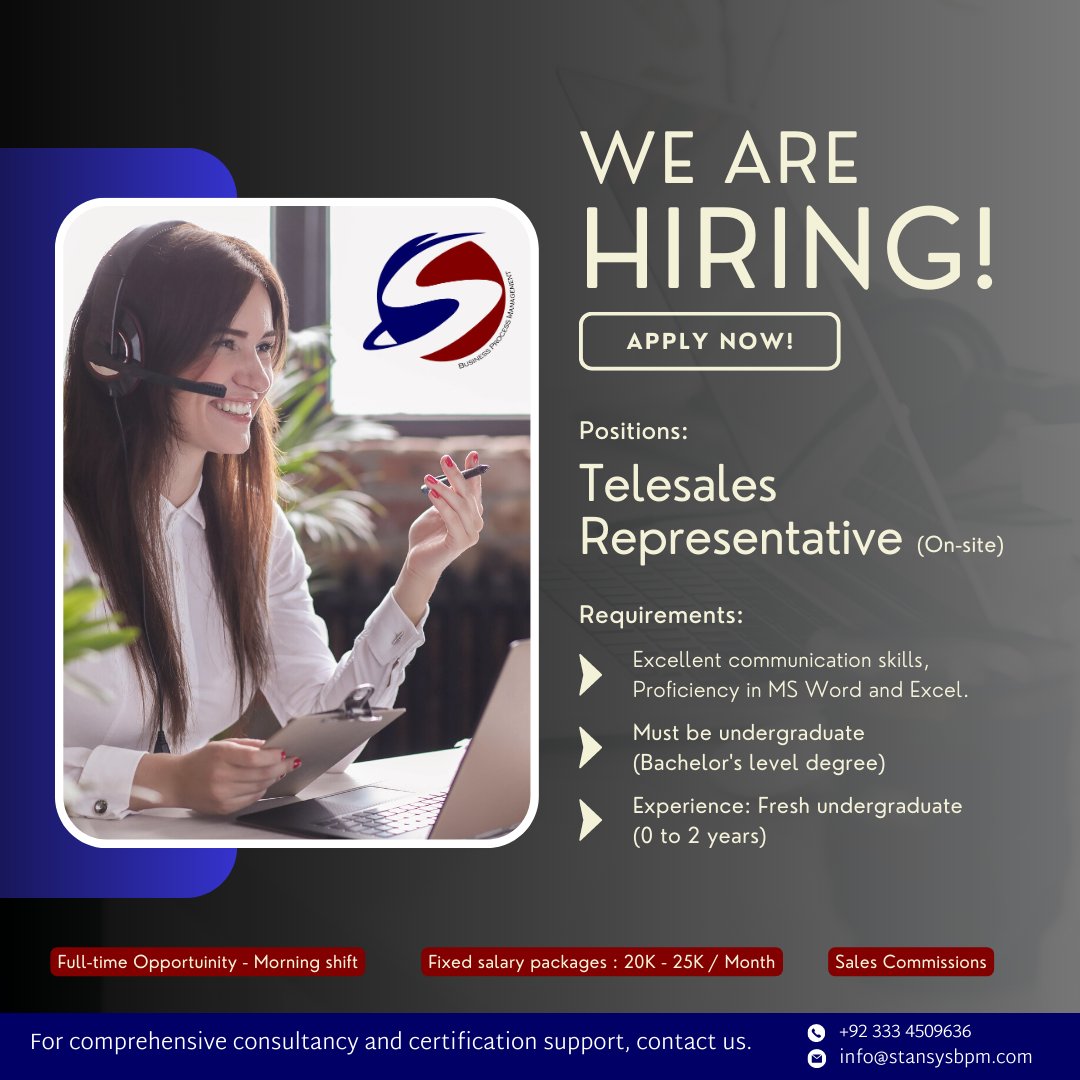 stansysbpm's tweet photo. As a Tele-sales Representative, you will play a vital role in driving sales growth and revenue generation for our company through effective communication and persuasion over the phone.
Apply now.

#job #jobopportunity #jobinlahore #telesalesjob #salesjob #telesalesrepresentative https://t.co/OT9qopZqgI