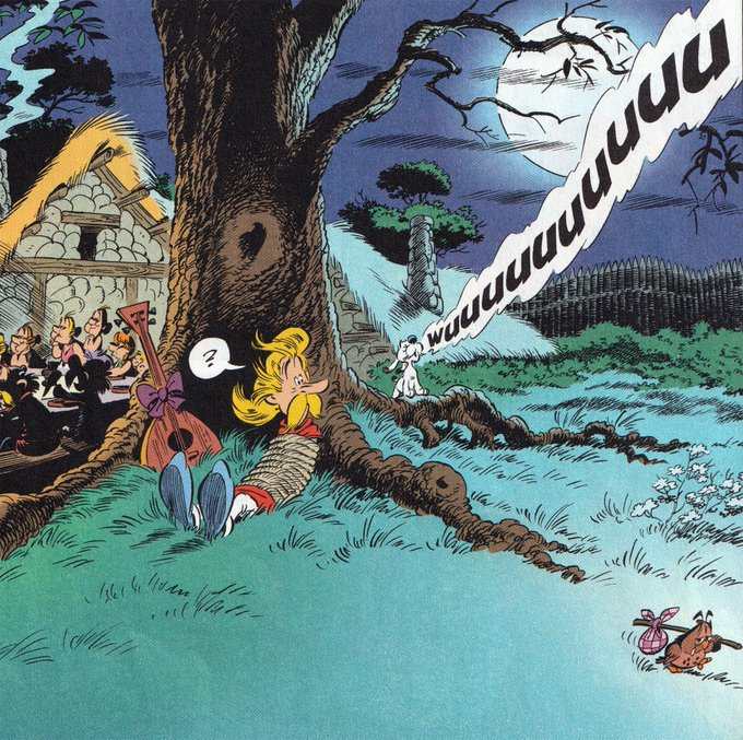 Schon gewusst? Auf der letzten Seite von #Asterix und der Greif wird eine kleine, traurige Eule abgebildet, die mit einem Rucksack aus dem Bild läuft. Diese Eule und der heulende Idefix haben eine besondere Bedeutung, hier in 3 Teilen erklärt:🧵