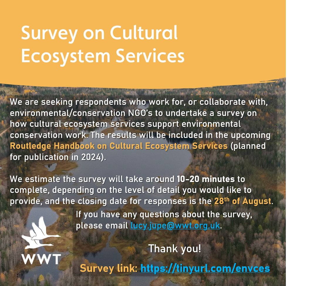 Do you work or collaborate with environmental/conservation NGO's? We need your help! Please see below and share with your network🙏 Link to survey: tinyurl.com/envces #CES #culturalecosystemservices