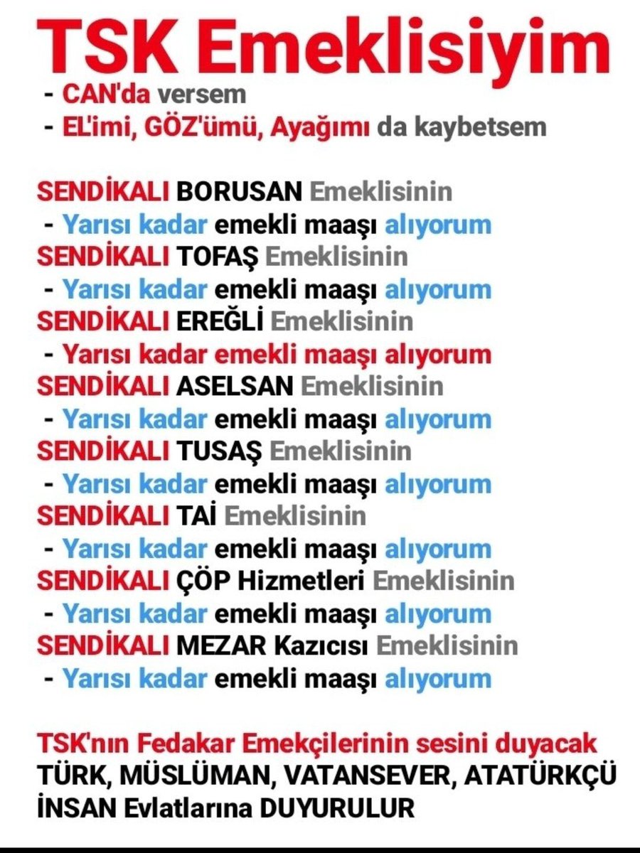 <a href="/Akparti/">AK Parti</a> <a href="/RTErdogan/">Recep Tayyip Erdoğan</a> #AstsubaylaraAdalet
TSK Personel K. Md. 3, 4, 85c, 89, 117, 118, 124 vb. gereği kadrolarında teknik, sınıf ve branşUzmanlıklarına göre görev yaparEmeklilikteTAZMİNAT haklarıdır. <a href="/RTErdogan/">Recep Tayyip Erdoğan</a> @FOXhaber <a href="/Sozcu/">Sözcü 🇹🇷📝📰 sondakika haber</a> <a href="/ShowTV/">Show TV</a> <a href="/ntv/">NTV</a> <a href="/TBMMresmi/">TBMM</a>  <a href="/Akparti/">AK Parti</a> <a href="/atvcomtr/">atv</a> <a href="/ShowTV/">Show TV</a> <a href="/startv/">STAR TV</a>