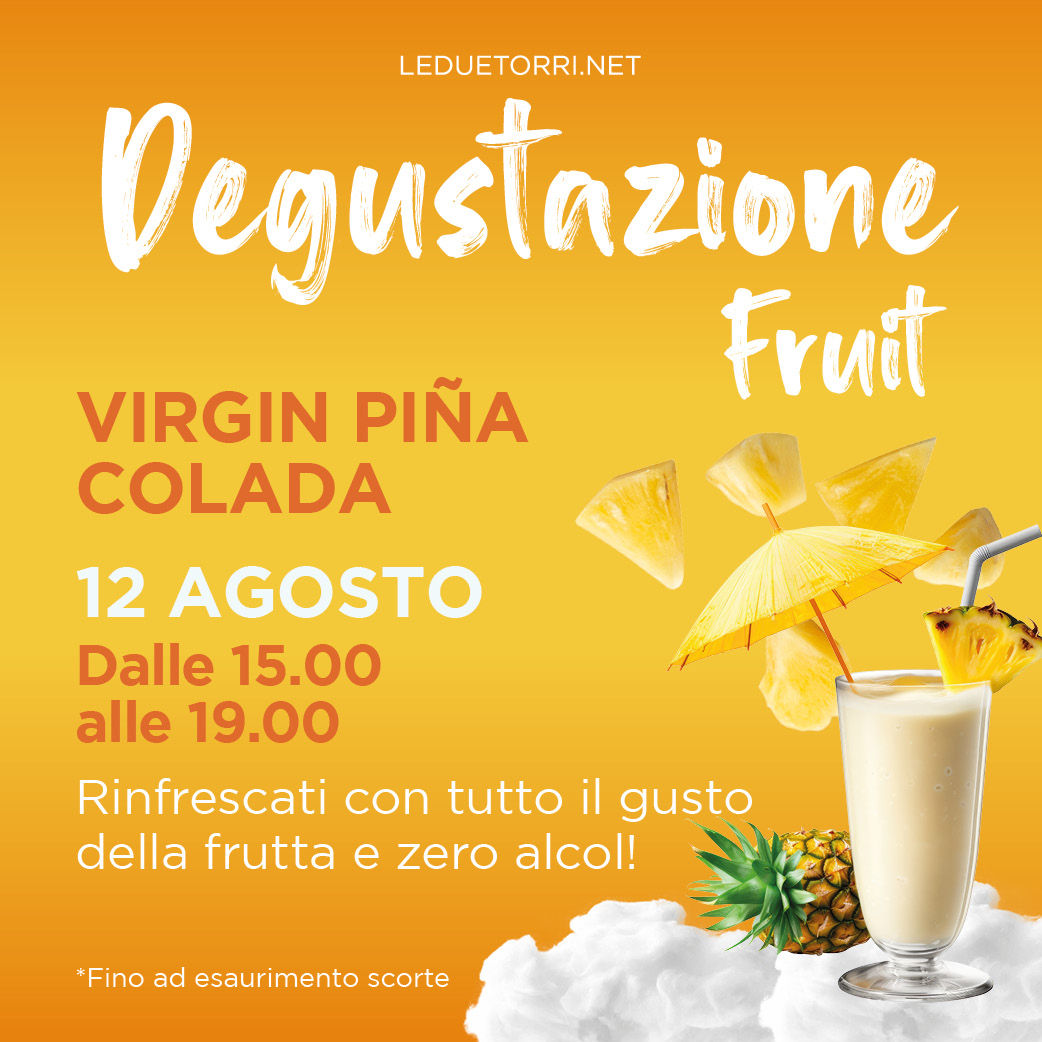 Le_Due_Torri's tweet photo. Un agosto dolcissimo! Ti aspettiamo questo sabato, 5 agosto, per una gustosissima degustazione di Virgin Pina Colada! 🍍 🍹 

Impossibile resistere!😋
.
.
.
.
#leduetorrishoppingcenter #degustazione #fruttafresca https://t.co/an9I4sFfwd