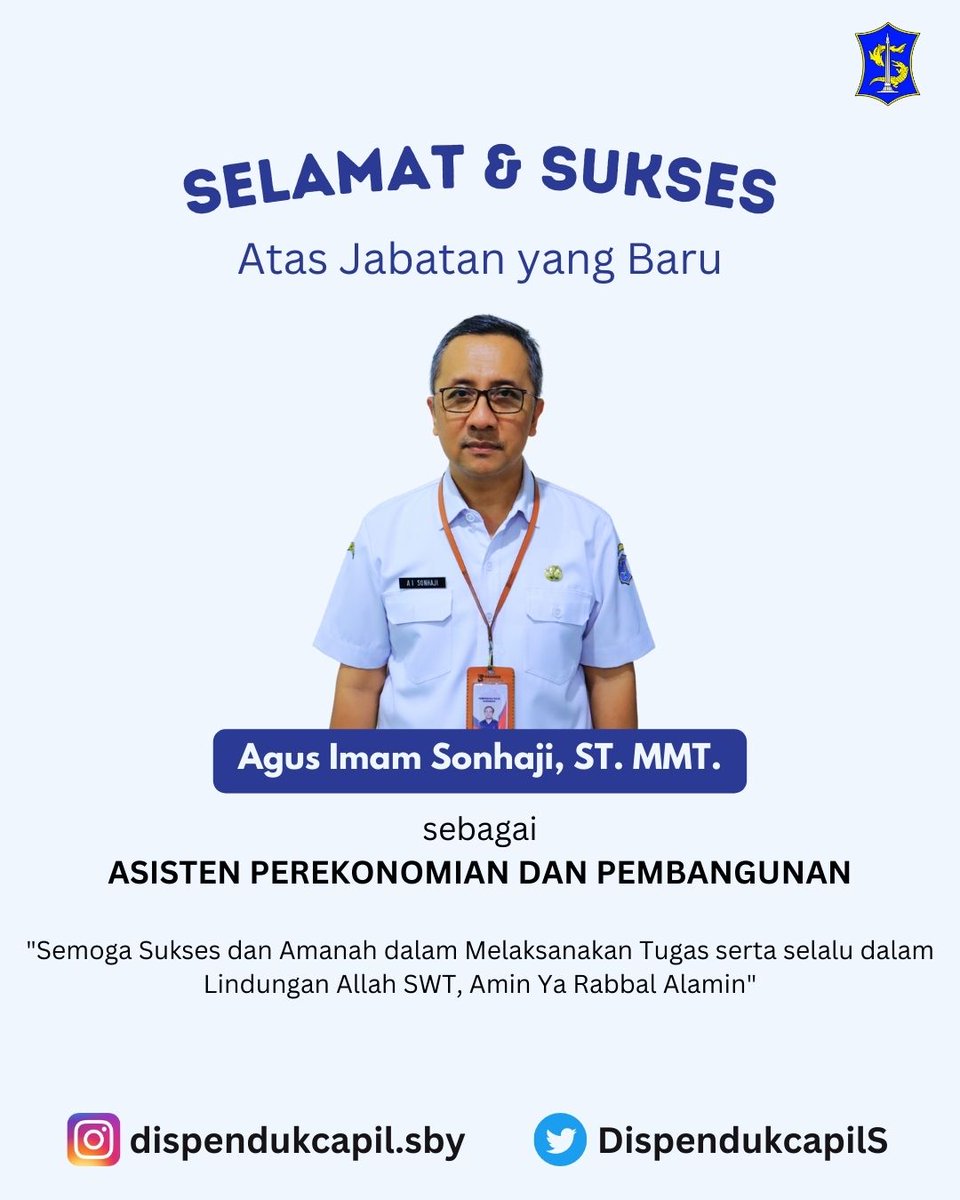 Selamat kepada Bapak Agus Imam Sonhaji atas jabatan barunya sebagai Asisten Perekonomian dan Pembangunan.

Selamat mengemban amanah dan Sukses selalu 🙏