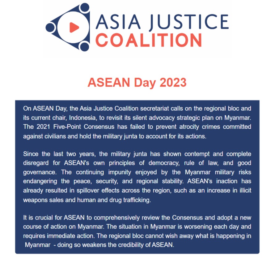 asiajcoalition's tweet photo. On #ASEANDay, the Asia Justice Coalition secretariat calls upon the regional bloc (@ASEAN) to comprehensively review the #FivePointConsensus and adopt a new course of action on #Myanmar. Read the full text below. https://t.co/svRcYTwuVY