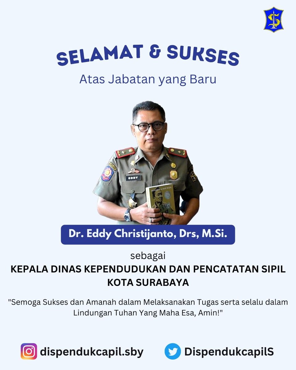 Selamat kepada Bapak Eddy Christijanto atas jabatan barunya sebagai Kepala Dinas Kependudukan dan Pencatatan Sipil Kota Surabaya.

Selamat mengemban amanah dan Sukses selalu 🙏