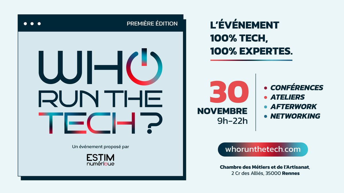 🌟🚀 WHO RUN THE TECH ? 🚀🌟
💪💻 Fier.e.s de soutenir cet évènement @ESTIMnumerique 
Conférences et ateliers animés par des femmes leaders du numérique. 
#QuiDomineLaTech #FéminisationTech #TechAuFéminin #Rennes 🎉👩‍💻