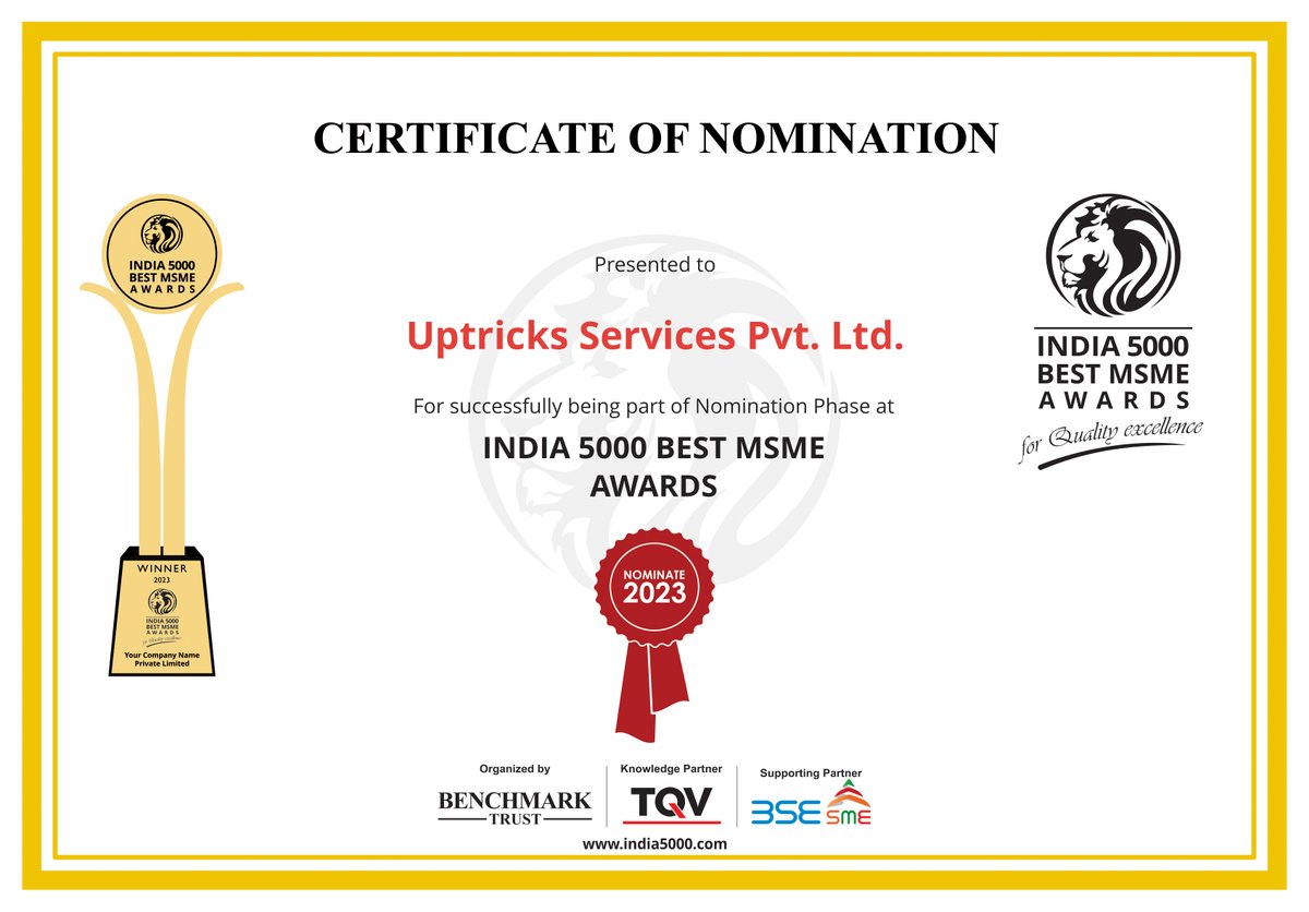 uptricksservi's tweet photo. Uptricks Services Pvt. Ltd. has been nominated under India 5000 Best MSME Awards 2023 of India 5000 Awards.
Congratulation Uptricks Family.... https://t.co/r0tQNCrBb0