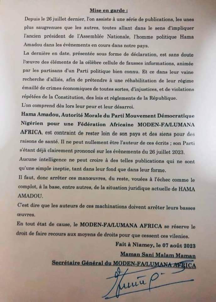 Le_Rawaan's tweet image. #Niger #Lumana
Communiqué de mise en garde du bureau politique national du #Moden/FA #Lumana sur la situation de l'ancien Président de l'Assemblée nationale et Autorité morale du parti #Hama_Amadou.