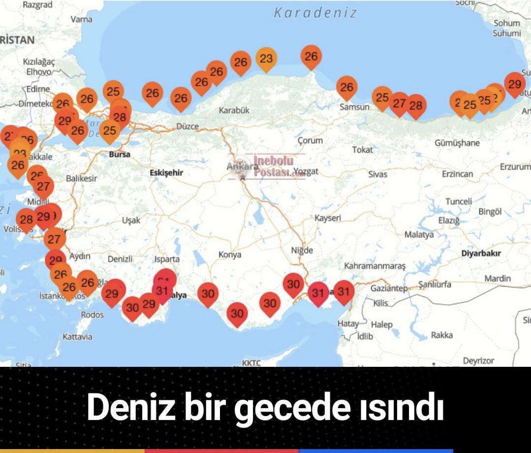 inebolupostasi's tweet photo. Meteoroloji Genel Müdürlüğü'nün Deniz Suyu Sıcaklıkları verilerine göre dün 11 derece ile Türkiye’de en soğuk denizin ölçüldüğü İnebolu’da deniz bir gecede ısındı.
Bugünün verilerine göre İnebolu’da deniz suyu sıcaklığı 23 dereceye yükselerek mevsim normallerine ulaştı. #inebolu https://t.co/VUf5nSHWak