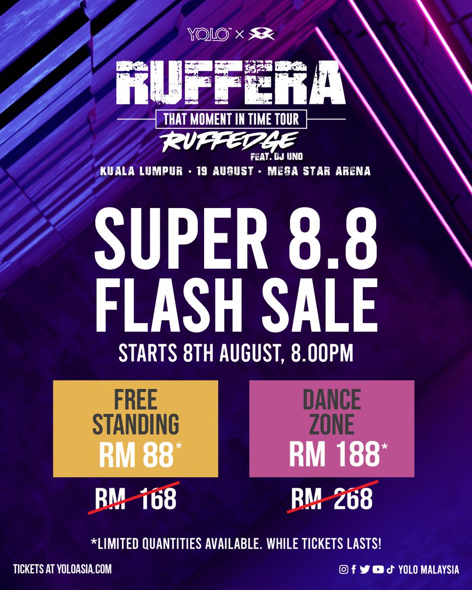 yolo_malaysia's tweet photo. ⚡️8.8 FLASH SALE . 8PM . RM88⚡️
RUFFEDGE Ruffera That Moment In Time Tour Kuala Lumpur ft. Dj Uno
📆 19 August 2023
📍Mega Star Arena
🎫 https://t.co/qTdalLbnJQ
Tak sabar nak tengok RUFFEDGE & LAH AHMAD on one stage 🔥
#Ruffedge #RUFFERA #YOLOxRUFFEDGE https://t.co/vrco3dmKmN