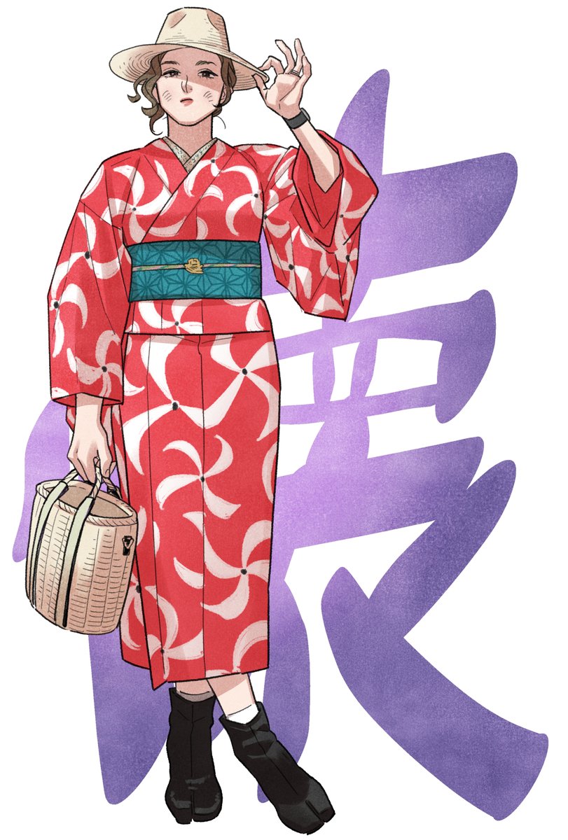 1girl solo hat red kimono kimono brown hair japanese clothes  illustration images