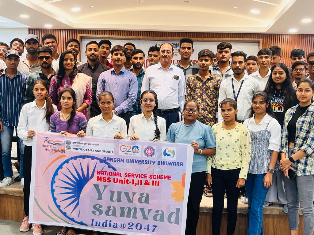 _NSSIndia's tweet photo. आजादी के अमृत महोत्सव के अंतर्गत "युवा दृष्टिकोण में 2047 के भारत की परिकल्पना" एवं अमृत काल के पांच प्रण पर युवाओं का संवाद एवं प्रतियोगिता का आयोजन, एनएसएस यूनिट संगम विश्वविद्यालय द्वारा किया गया. 
#yuvasamvad @YASMinistry @ianuragthakur @NisithPramanik https://t.co/YyBxh4JkTu