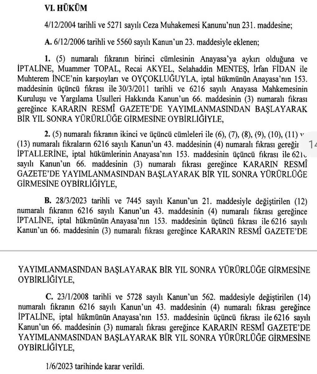 🔴 Anayasa Mahkemesi, hükmün açıklanmasının geri bırakılmasını düzenleyen CMK m.231’in ilgili fıkralarını iptal etti. İptal kararı 1 yıl sonra yürürlüğe girecek.

📝Kararın tam metni için;
resmigazete.gov.tr/eskiler/2023/0…