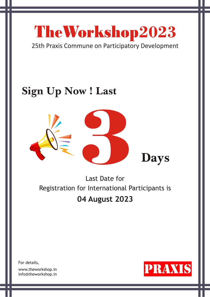 Final Countdown for International Participants! Only 3 Days Left to Register for #TheWorkshop2023. Join us in #Bengaluru from 9 to 13 October and unlock opportunities for growth and collaboration. Register now - theworkshop.in/about-1