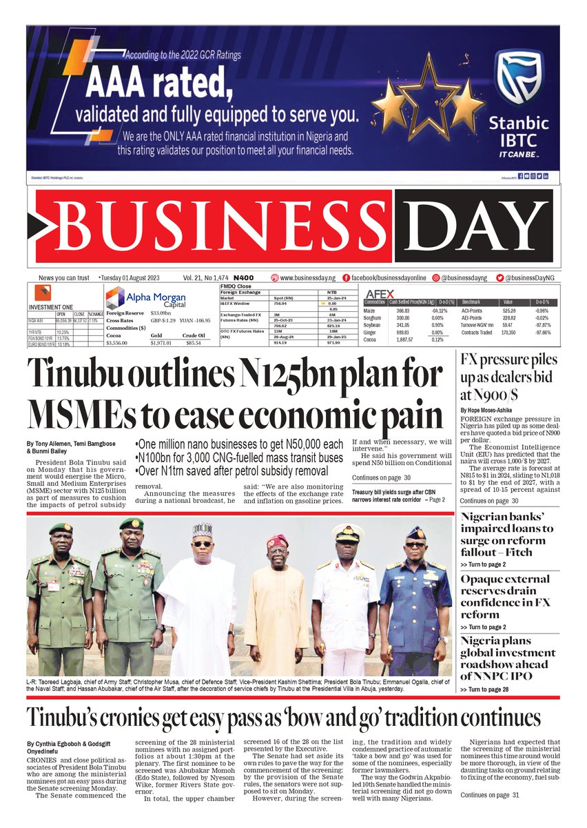 BusinessDayNg's tweet photo. Front Page Today:

Tinubu outlines N125bn plan for MSMEs to ease economic pain

FX pressure piles up as dealers bid at N900/$

Nigerian banks’ impaired loans to surge on reform fallout – Fitch

Visit https://t.co/Uu4HfzqqqM to read more https://t.co/dOvvYpngow