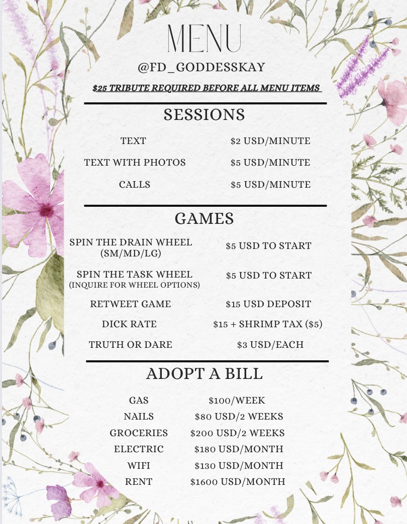 FD_GoddessKay's tweet photo. ANOTHER DROP!
I made a menuuuu. Perfectly laid out for you to take your pick. $25 tribute required before ANY and ALL menu items, obviously💸 https://t.co/okuUCv4SyK