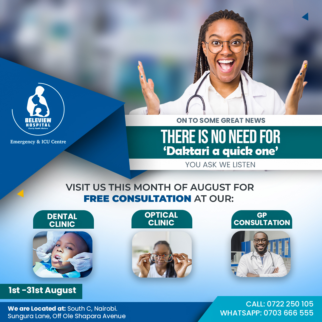 BeleviewH's tweet photo. Happy new month! Visit us this August for free consultation in Dental Clinic, Optical Clinic and GP consultation.
Call us on 0722 250 105 or whatsapp us on 0703 666 555 to book your appointment.
#BeleviewHospital https://t.co/hkW0bPNHSh